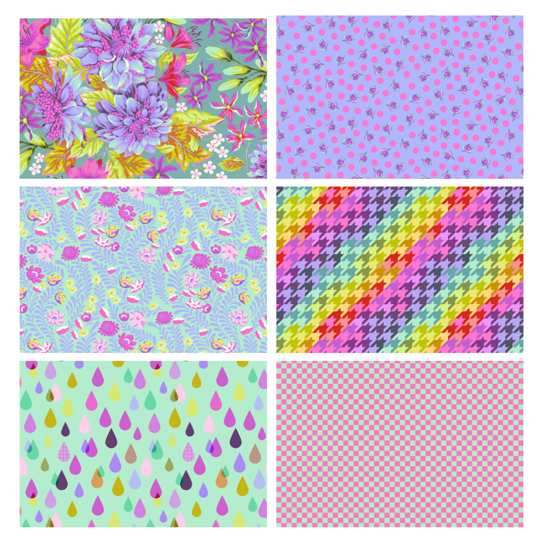 Tula Pink Untamed Neon Cosmic Fat Quarter -nippu – 6 kappaletta puuvillakankaita neonkorostuksilla ja rohkeilla geometrisilla kuvioilla, täydellinen tilkkutöihin.