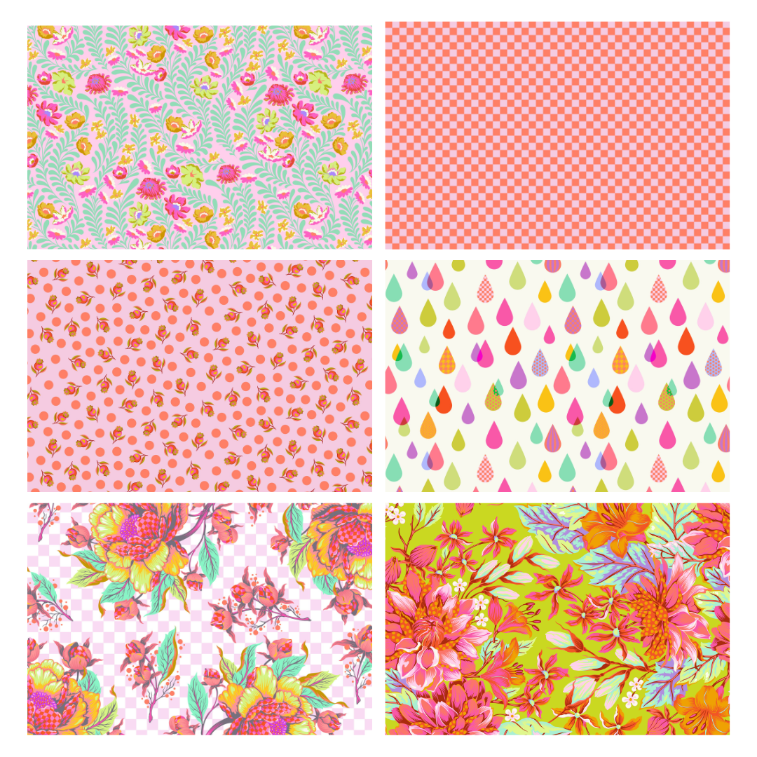 Tula Pink Untamed Neon Lunar Fat Quarter -nippu – 6 kappaletta puuvillakankaita neonkorostuksilla ja rohkeilla geometrisilla kuvioilla, täydellinen tilkkutöihin.