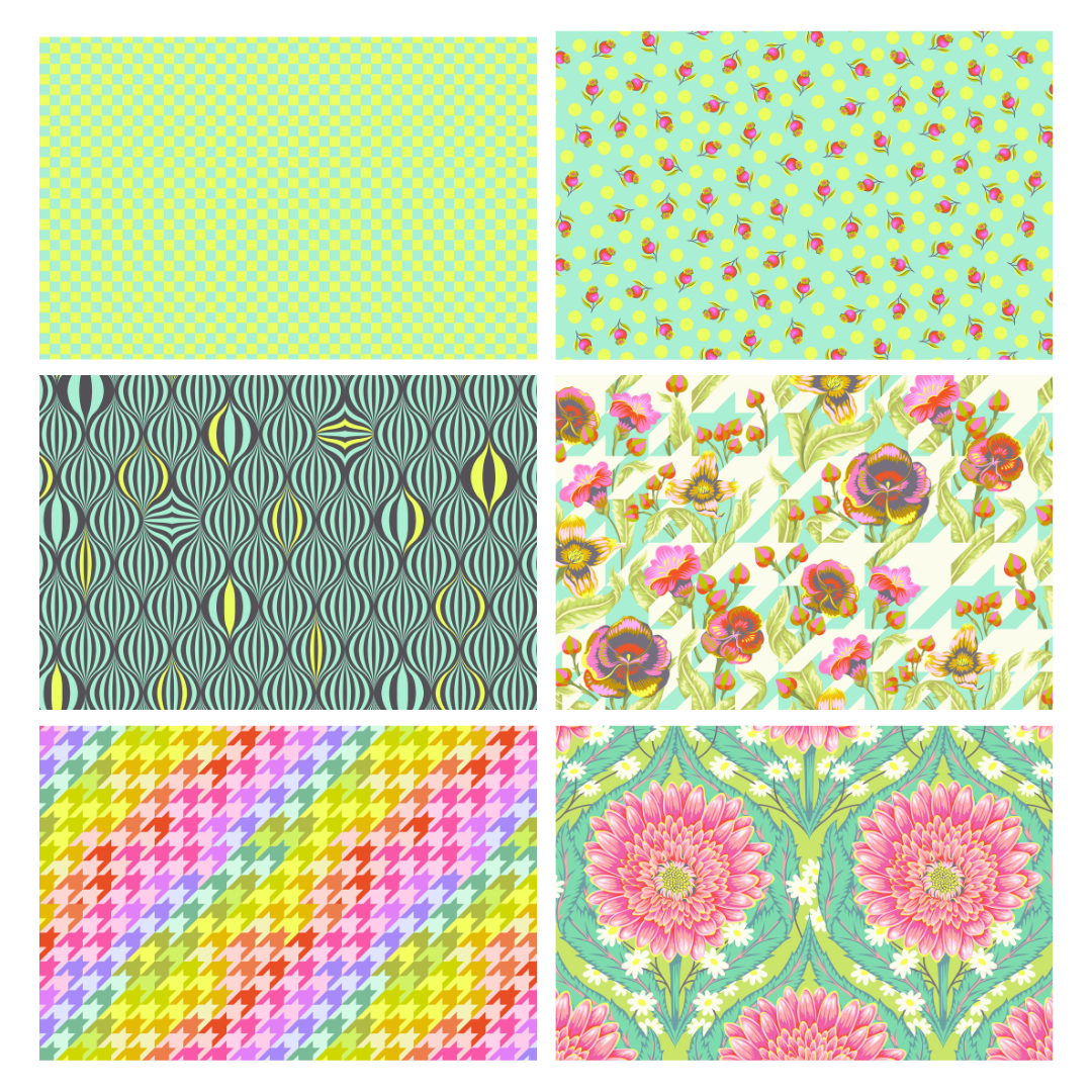 Tula Pink Untamed Moonbeam Fat Quarter -nippu – 6 kappaletta puuvillakankaita neonkorostuksilla ja rohkeilla geometrisilla kuvioilla, täydellinen tilkkutöihin.