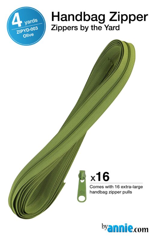ByAnne Vetoketju 365 cm, väri Olive, sisältää 16 vedintä, täydellinen laukkuihin ja käsilaukkuihin, vihreä