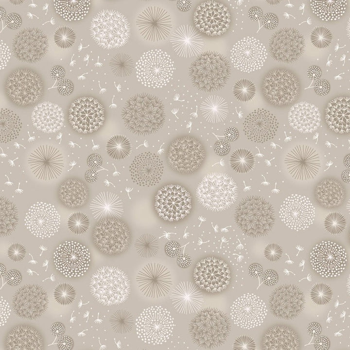 Wide Width - Cream Linen Dandelions 108" - W16 leveä takakangas, beige pohja ja pastellivärisiä kukkia, leveys noin 274 cm, 100% puuvillakangas tilkkutöihin ja käsitöihin.
