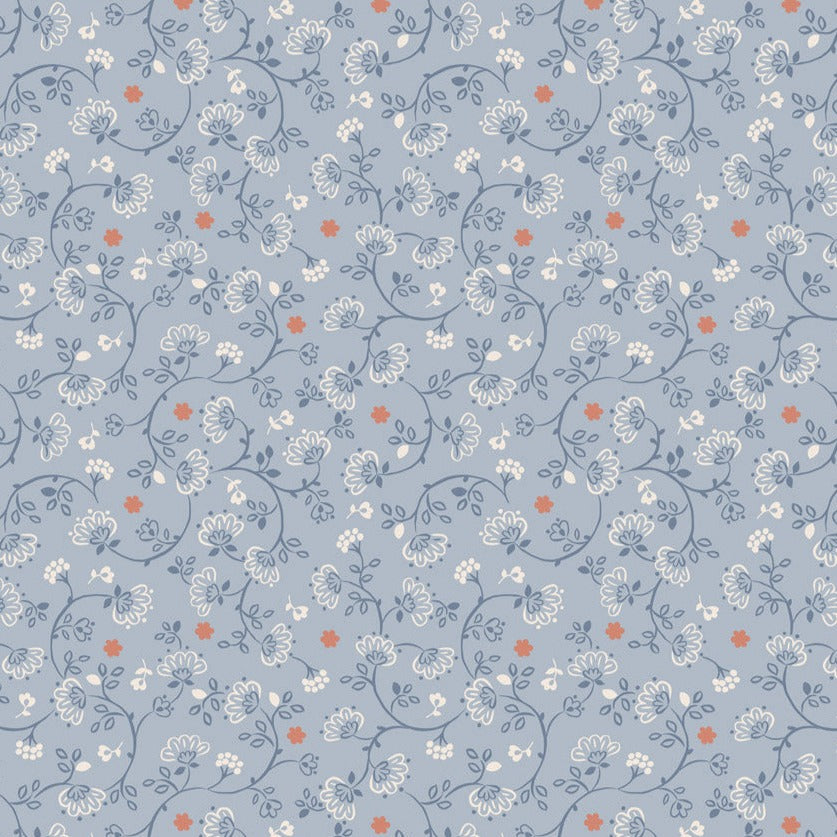 Wide Width - Flower CHains on Blue 108" - W20 leveä takakangas, sininen pohja ja pastellivärisiä kukkia, leveys noin 274 cm, 100% puuvillakangas tilkkutöihin ja käsitöihin.