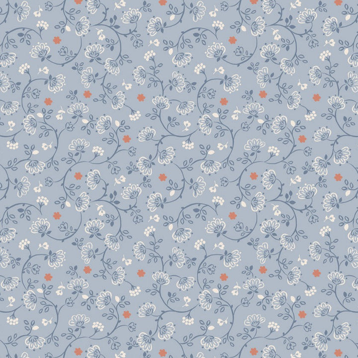 Wide Width - Flower CHains on Blue 108" - W20 leveä takakangas, sininen pohja ja pastellivärisiä kukkia, leveys noin 274 cm, 100% puuvillakangas tilkkutöihin ja käsitöihin.