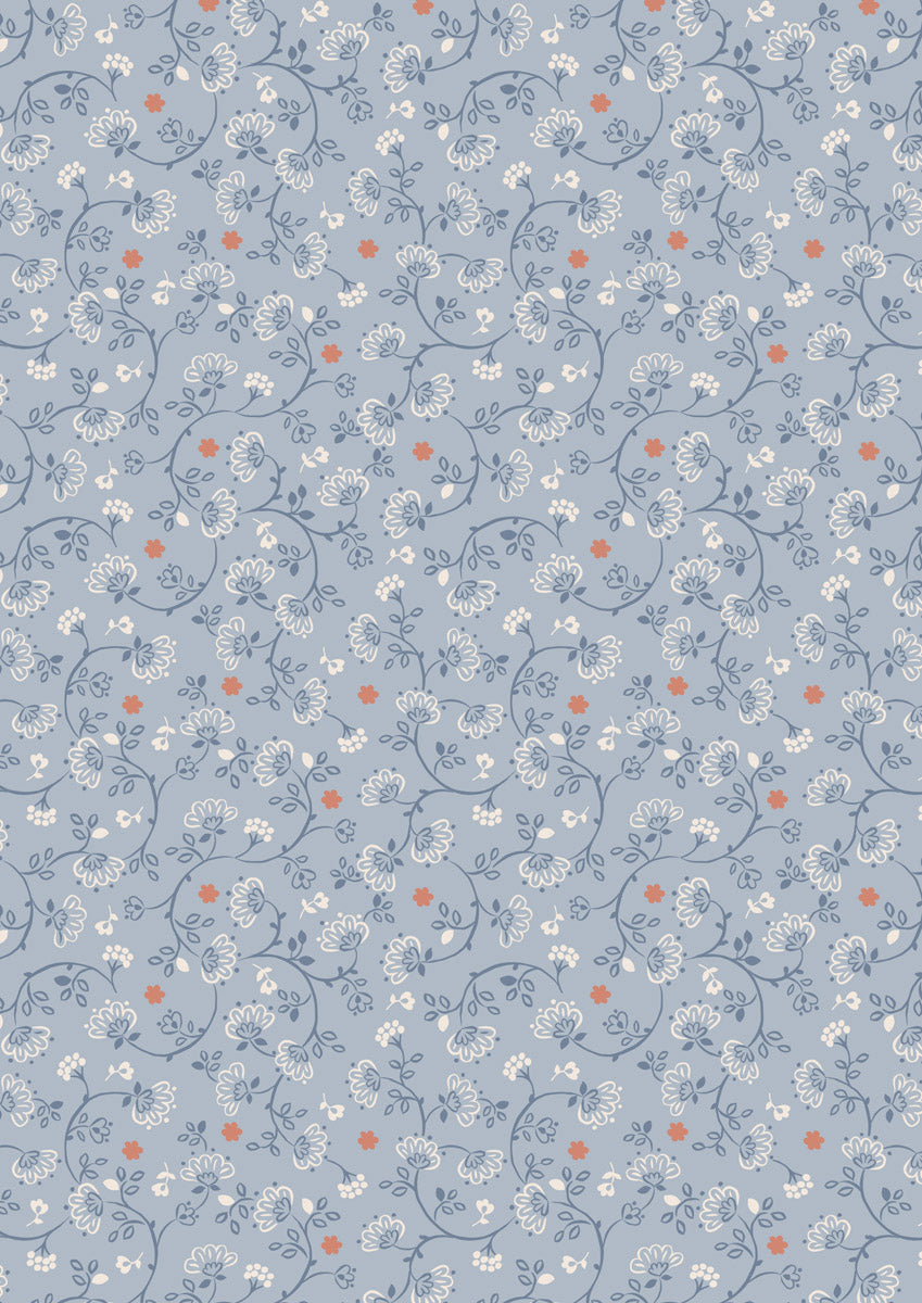 Wide Width - Flower Chains on Blue 108" - W20 leveä takakangas, sininen pohja ja pastellivärisiä kukkia, leveys noin 274 cm, 100% puuvillakangas tilkkutöihin ja käsitöihin.