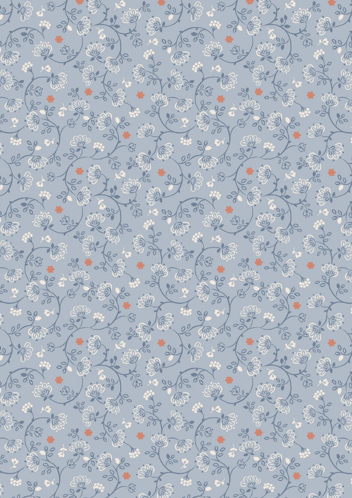Wide Width - Flower Chains on Blue 108" - W20 leveä takakangas, sininen pohja ja pastellivärisiä kukkia, leveys noin 274 cm, 100% puuvillakangas tilkkutöihin ja käsitöihin.