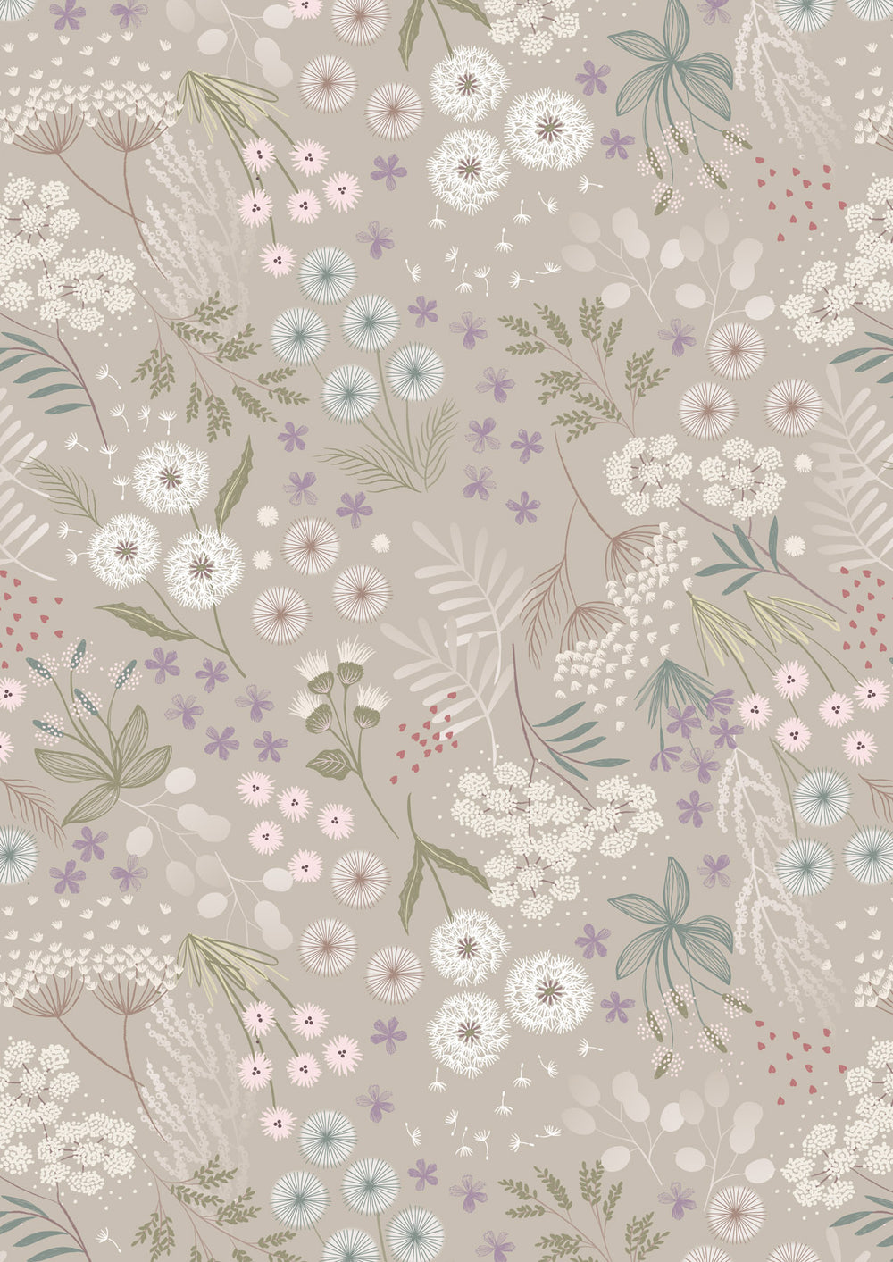 Wide Width - Natural Meadow Flowers 108" - W6 leveä takakangas, beige pohja ja pastellivärisiä kukkia, leveys noin 274 cm, 100% puuvillakangas tilkkutöihin ja käsitöihin.