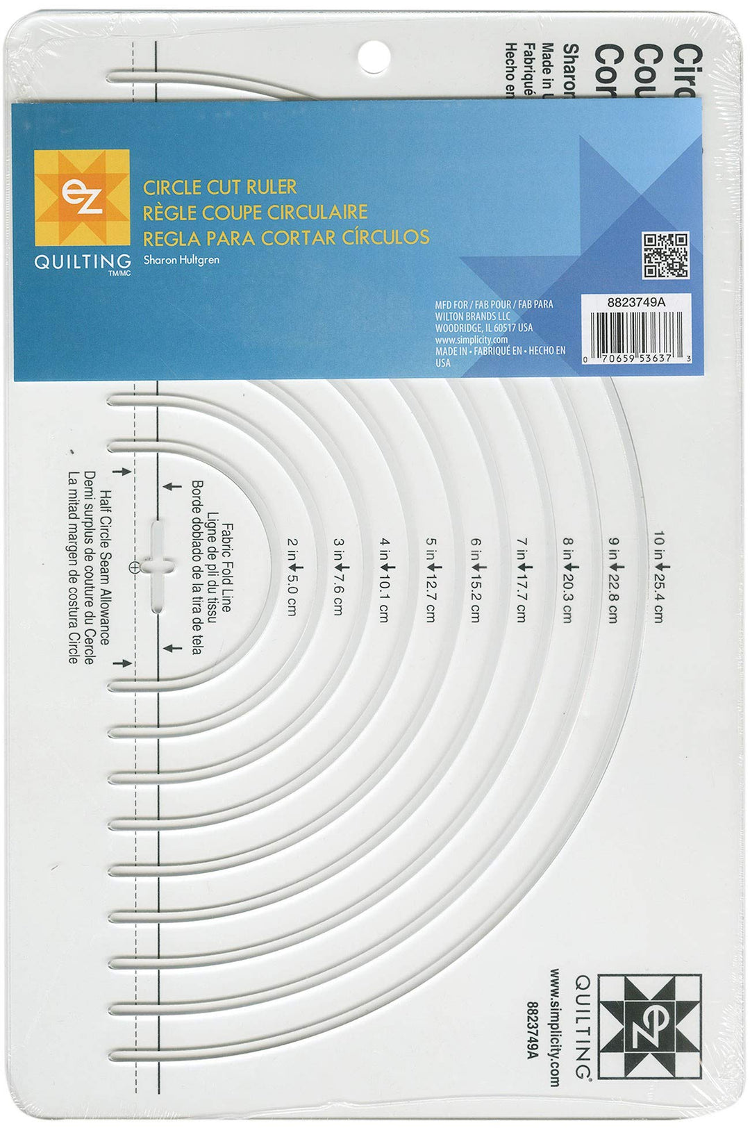 EZ Easy Circle Cut -työkalu tai viivain ympyröiden leikkaamiseen, sisältäen 1/4 tuuman saumanvaran, yhteensopiva 28 mm pyöröleikkurin kanssa.