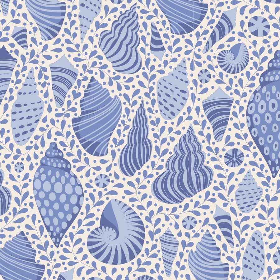 Tilda, Cotton Beach 110026 Beach Shells Blue puuvillakangas