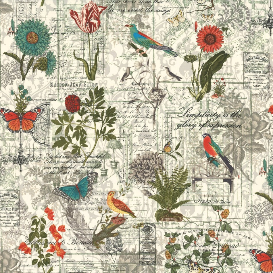 3 Sistersin Rendezvous-kokoelman Botanical Collage Porcelain -puuvillakangas, luonnonvalkoisella pohjalla kukkia, lintuja ja perhosia, täydellinen tilkkutöihin ja sisustukseen.