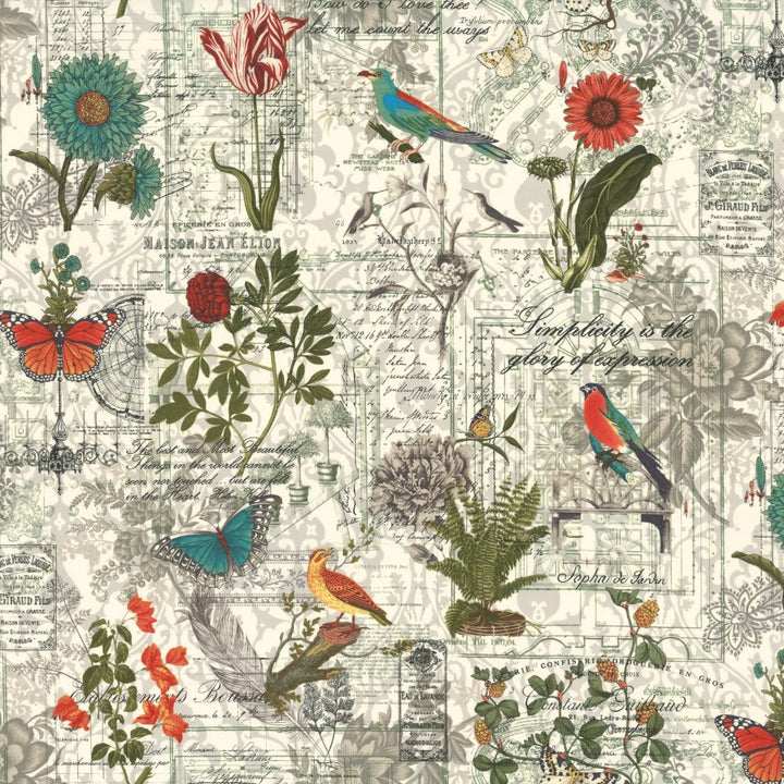 3 Sistersin Rendezvous-kokoelman Botanical Collage Porcelain -puuvillakangas, luonnonvalkoisella pohjalla kukkia, lintuja ja perhosia, täydellinen tilkkutöihin ja sisustukseen.
