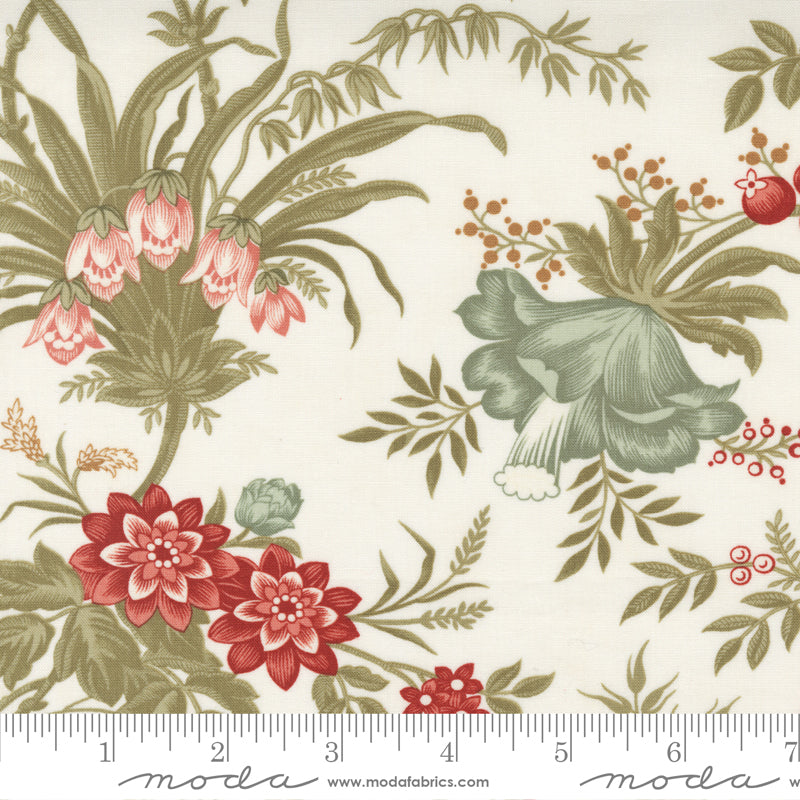 3 Sistersin Rendezvous-kokoelman 44300-11 Romantic Toile Porcelain -puuvillakangas, luonnonvalkoisella pohjalla hienoja kukkakuvioita.