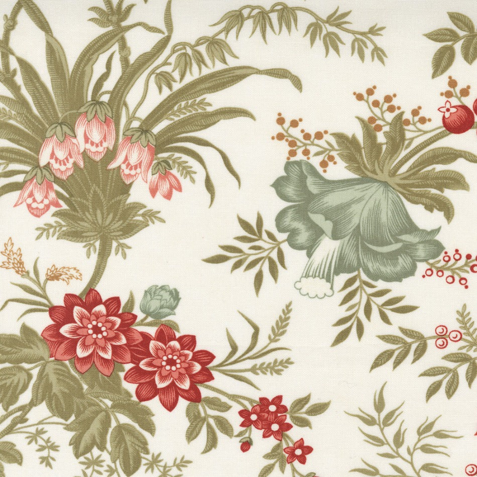 3 Sistersin Rendezvous-kokoelman 44300-11 Romantic Toile Porcelain -puuvillakangas, luonnonvalkoisella pohjalla hienoja kukkakuvioita.