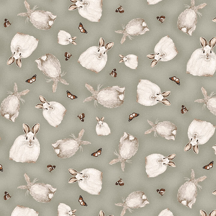 Dawn Rosengren, Little Ones - Tossed Bunnies - Gray 448-90 puuvillakangas