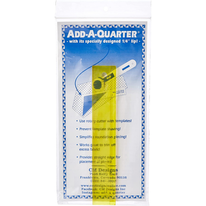 Add-A-Quarter -viivain (1" x 6") paper piecing -tekniikkaan – lisää tarkasti 1/4 tuuman saumanvaran ja helpottaa kankaan leikkaamista!