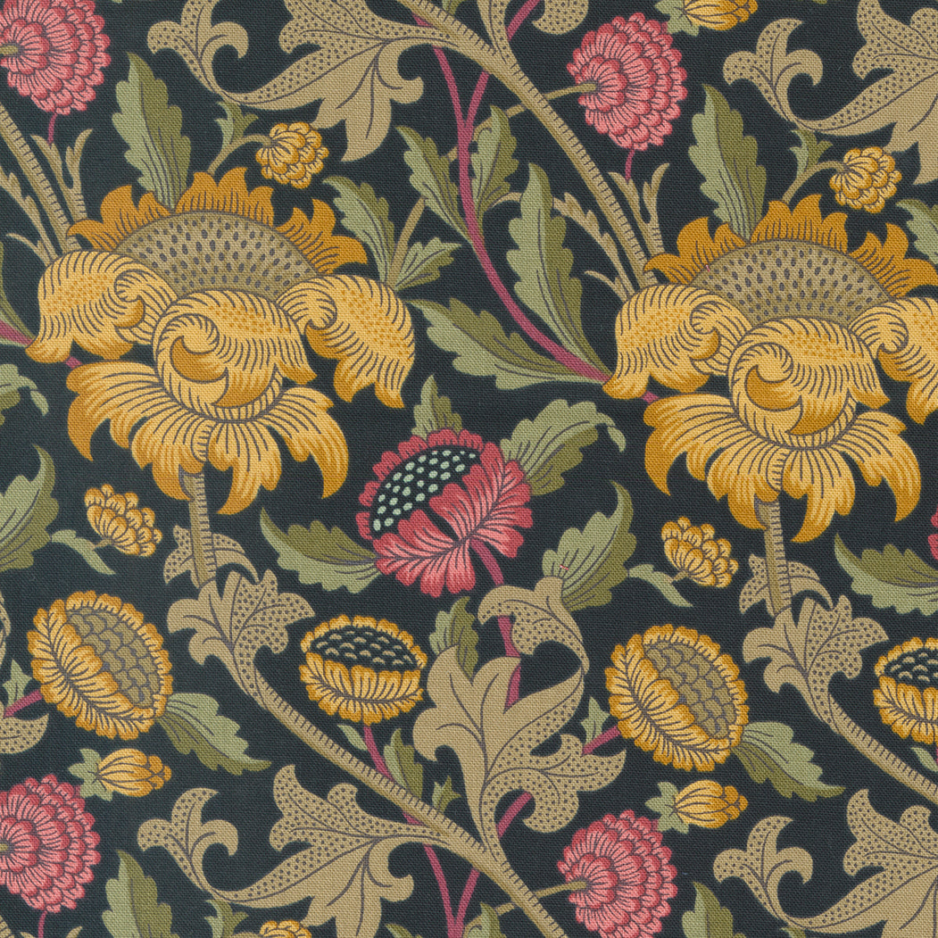 Barbara Brackmanin Morris Meadow kokoelman 8370-21 Wey Damask Black puuvillakangas, keltaiset ja vaaleanpunaiset kukat mustalla pohjalla