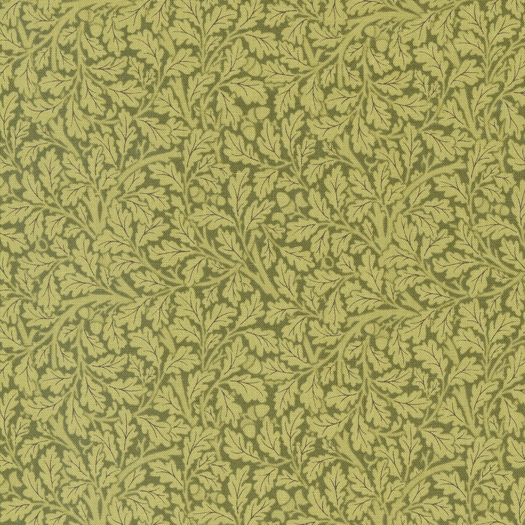 Barbara Brackman, Morris Meadow 8376-20 Acorn Fennel Green puuvillakangas, lehtikuviot vihreällä pohjalla