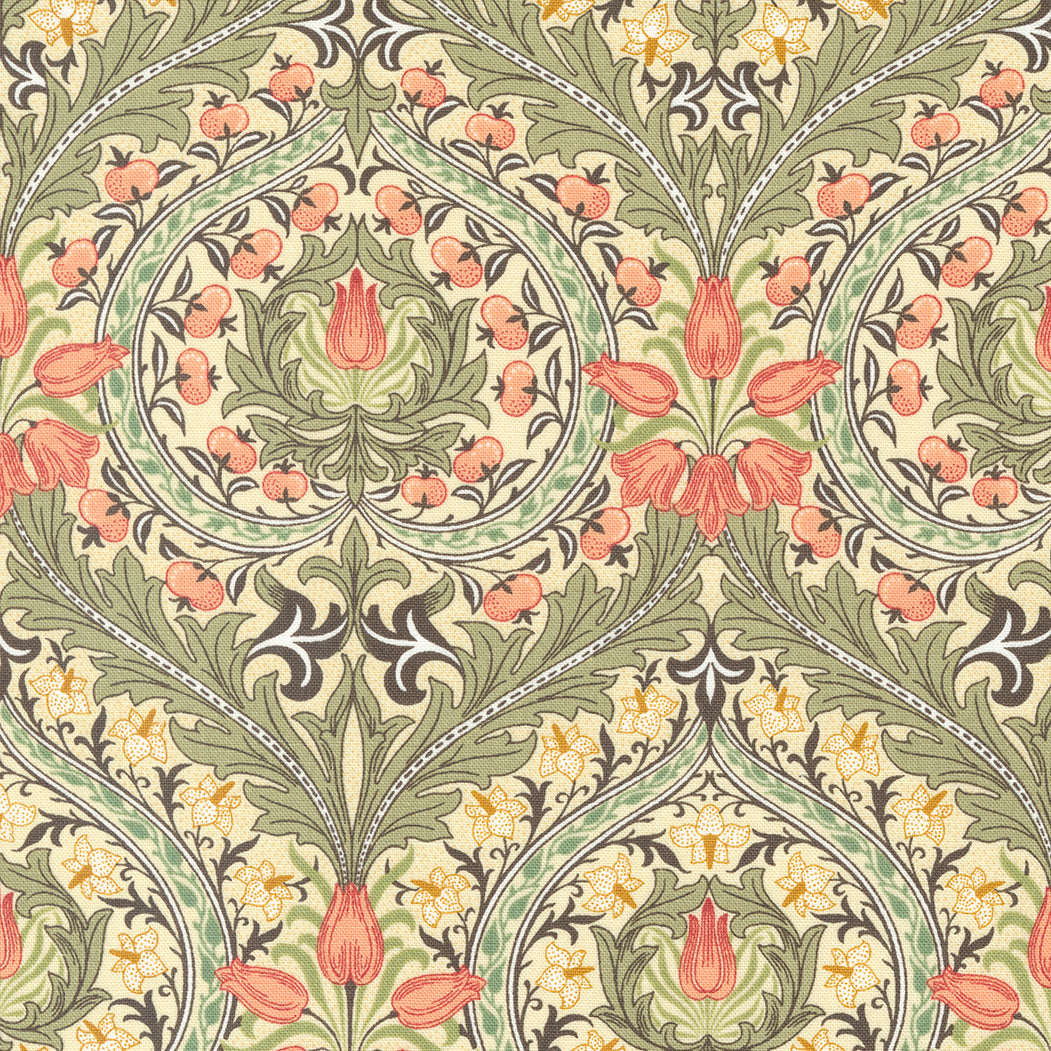 Morris Meadow kokoelman 8372-11 Eden Damask Porcelain puuvillakangas, hienot valko-persikansävyiset kukkakuviot