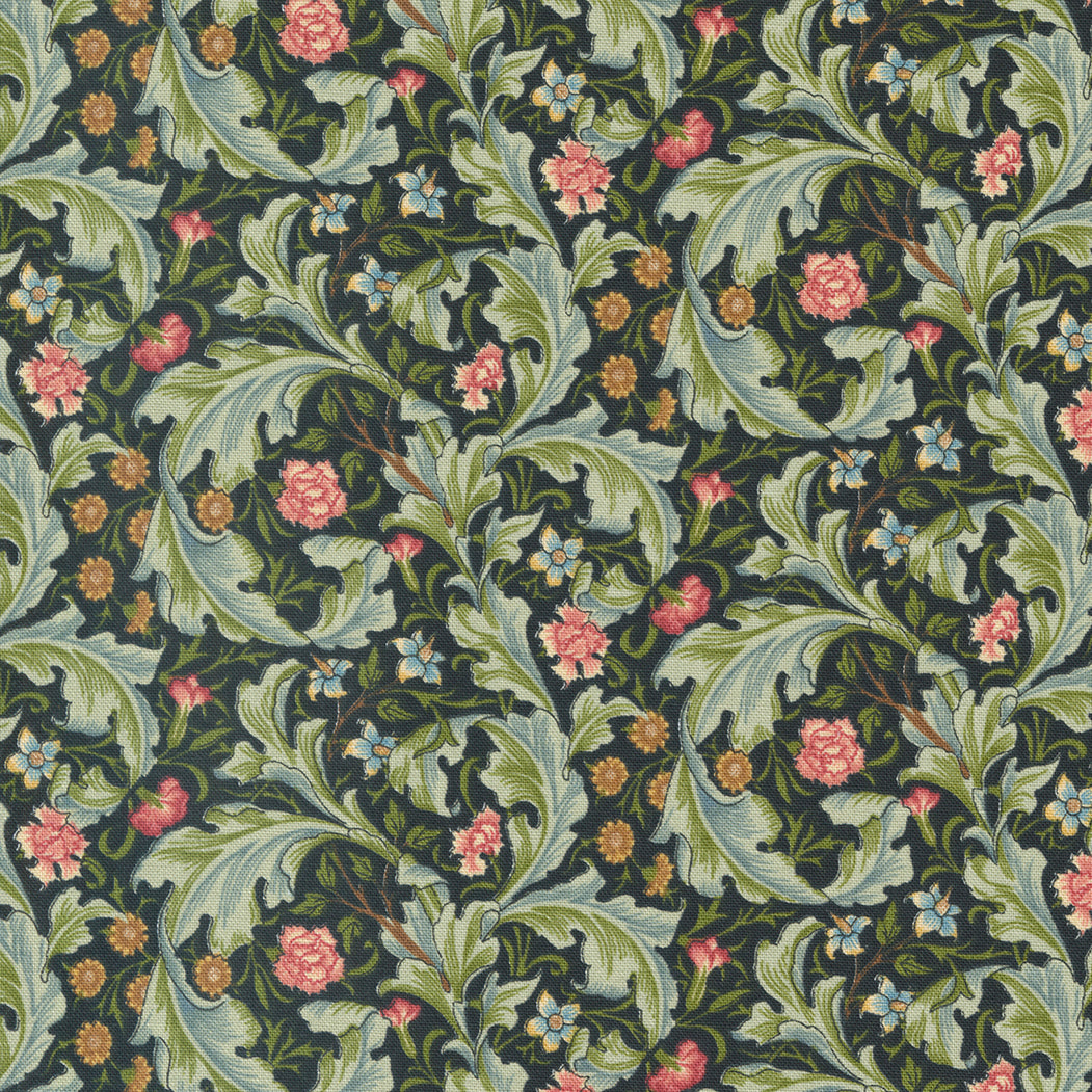 Barbara Brackmanin Morris Meadow 8374-21 Liecester Damask Black puuvillakangas, hienoa kukkakuivioita mustalla pohjalla