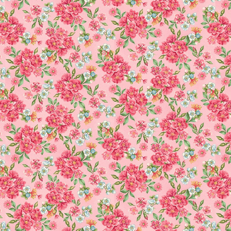 Vaaleanpunainen puuvillakangas kukkakuviolla, Bella Coco Studios Tweets & Threads -kokoelma, Flower Toss Pink 3001-22.