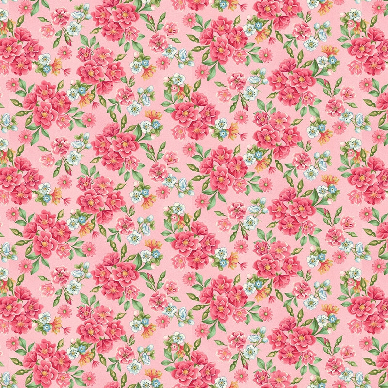 Vaaleanpunainen puuvillakangas kukkakuviolla, Bella Coco Studios Tweets & Threads -kokoelma, Flower Toss Pink 3001-22.