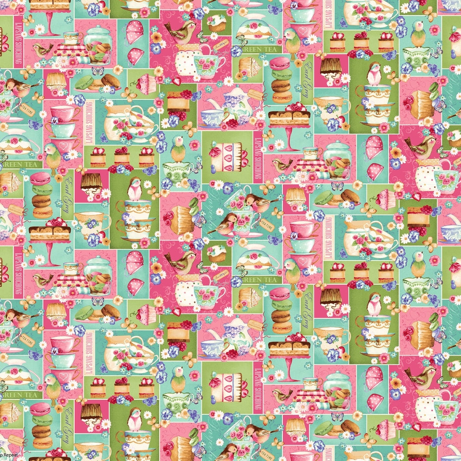 Puuvillakangas teekuppi, lintu, kukkakuviolla, Bella Coco Studios Tweets & Threads -kokoelma, Patchwork Sky Blue 3002-17.