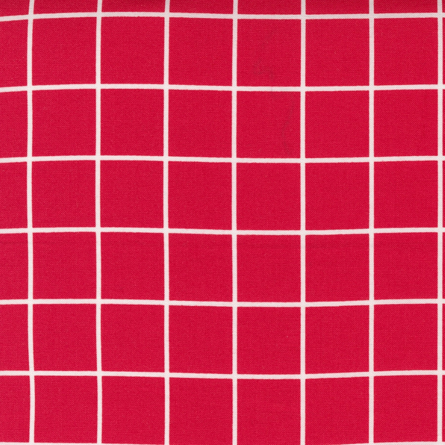 One Fine Day 55235-11 Windowpane Red -puuvillakangas, punainen pohja ja valkoiset ruudut.
