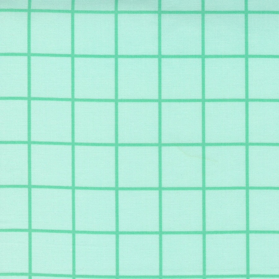 One Fine Day 55235-16 Windowpane Aqua -puuvillakangas, turkoosi pohja ja vihreät ruudut.