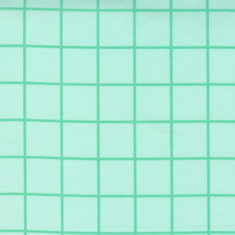 One Fine Day 55235-16 Windowpane Aqua -puuvillakangas, turkoosi pohja ja vihreät ruudut.
