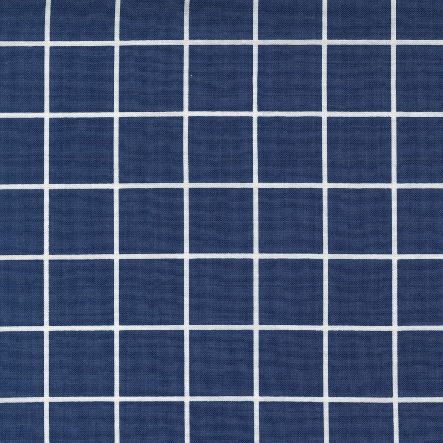 One Fine Day 55235-18 Windowpane Navy -puuvillakangas, tummansininen pohja ja valkoiset ruudut.