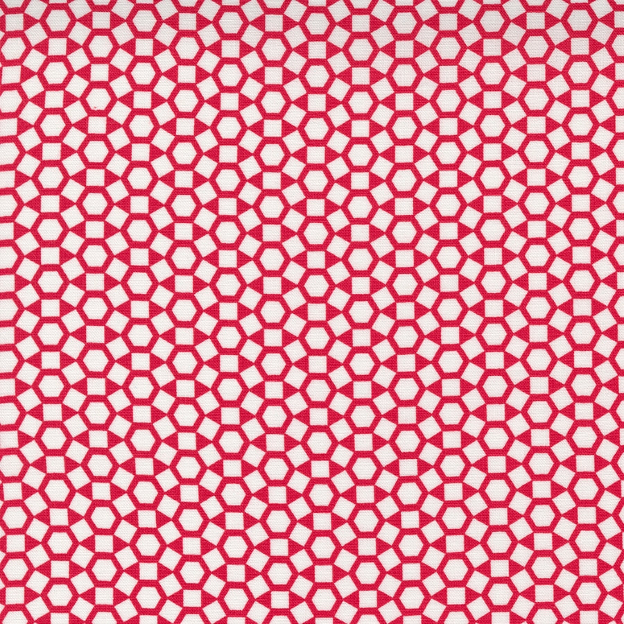 One Fine Day 55236-11 Shine Red -puuvillakangas, valkoinen tausta ja punaiset geometriset kuviot.