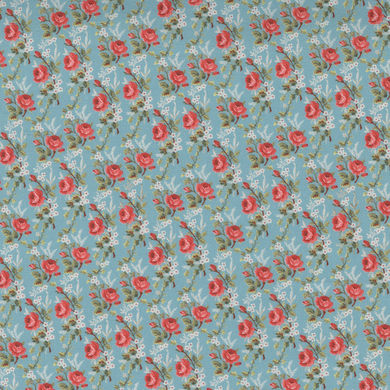 Vaaleansininen puuvillakangas, jossa vintage-tyylisiä ruusukuvioita – Cathe Holden LLAG 7405-16 Tranquil.