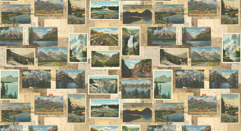 Cathe Holdenin Outdoorsy kokoelman Tan Mountain Postcards 7382-12 puuvillakangas, vuorikorttikuvioilla