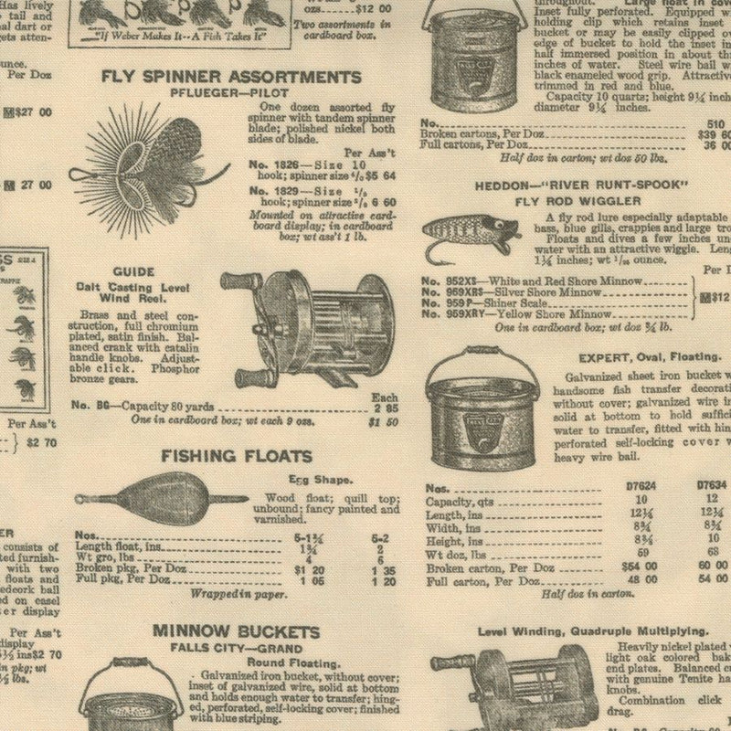 Puuvillakangas, jossa vintage-tyylisiä kalastusvälinemainoksia ja piirroskuvia – Cathe Holden Outdoorsy Fishing Tackle 7384 11.