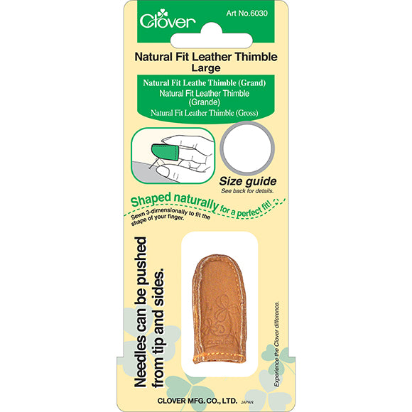 Clover Natural Fit Leather Thimble L, nahkasormustin, L-koko, ruskea ergonominen sormustin käsiompeluun