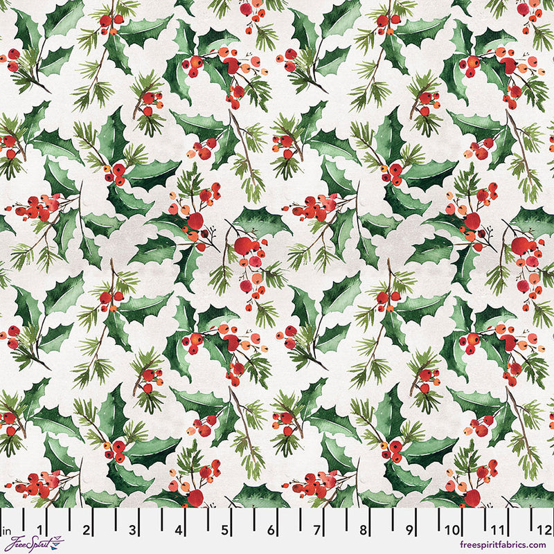 Tim Holtz Wonderland Jolly Holly White FNTH003, luonnonvalkoinen flanelli jouluinen orjanruusu- ja havukuosi