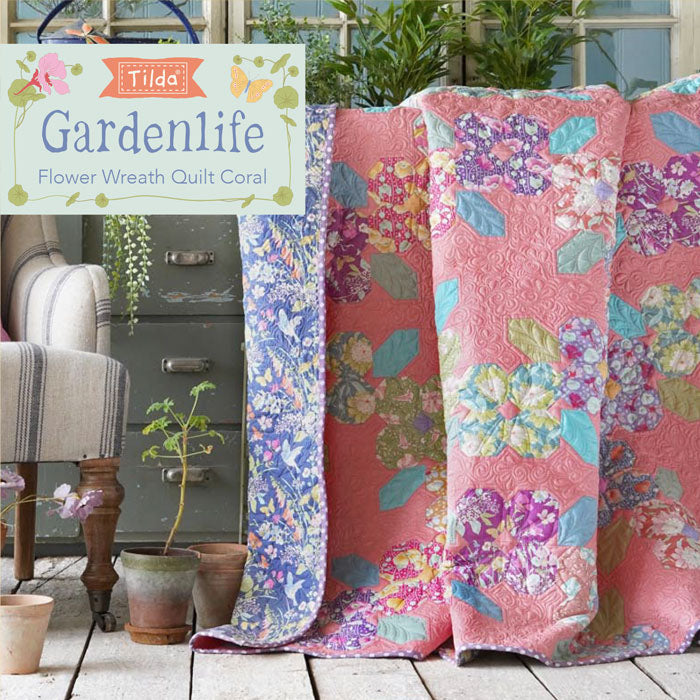 Tilda Gardenlife, Flower Wreath Quilt Coral Pattern, tilkkutyöohje, ILMAINEN