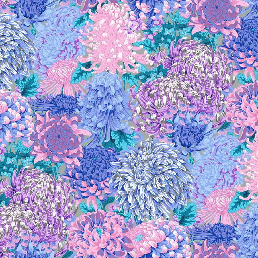 Kaffe Fassett, August 2021 - Hokusai's Mums, Grey PWPJ107.GREY puuvillakangas