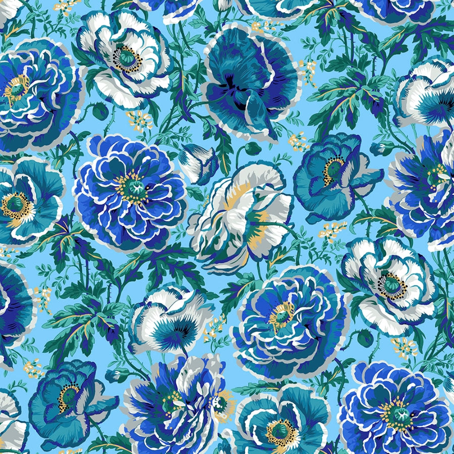 Suuri kukkakuvioinen sininen puuvillakangas Kaffe Fassettin Dorothy-kokoelmasta, elokuu 2021, stash, malli PWPJ109.BLUE.