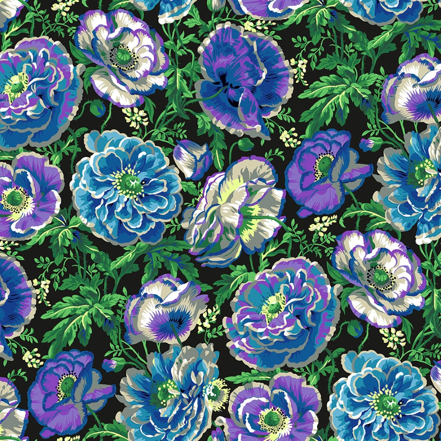 Suuri kukkakuvioinen sininen-violetti puuvillakangas Kaffe Fassettin Dorothy-kokoelmasta, elokuu 2021, stash, malli PWPJ109.CONTRAST