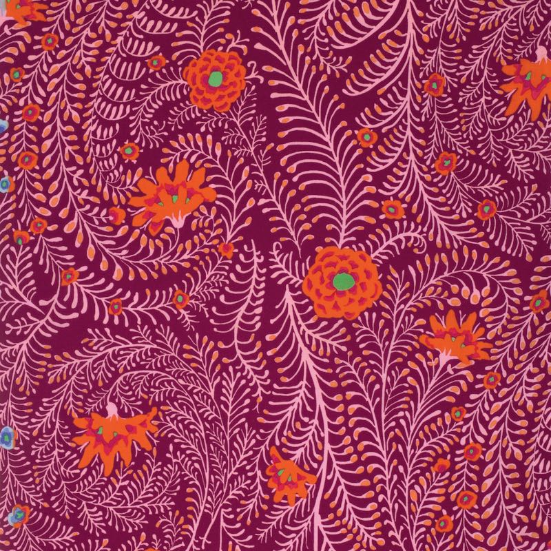 Kaffe Fassett, Ferns Cherry PWGP147.CHERR puuvillakangas, burgundi tausta, punaiset kukkakuviot