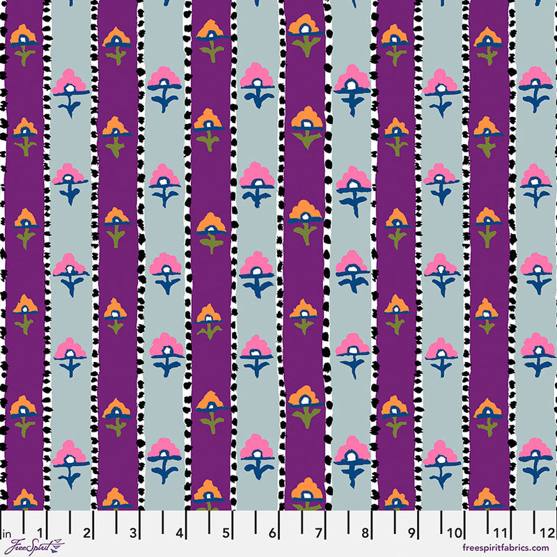 Kaffe Fassett Collectiven Spring 2023/Stash kokoelman Shiraz Grey PWGP194.GREY puuvillakangas, violetti harmaa ruudullinen, vaaleanpunaisen kukkakuvioilla