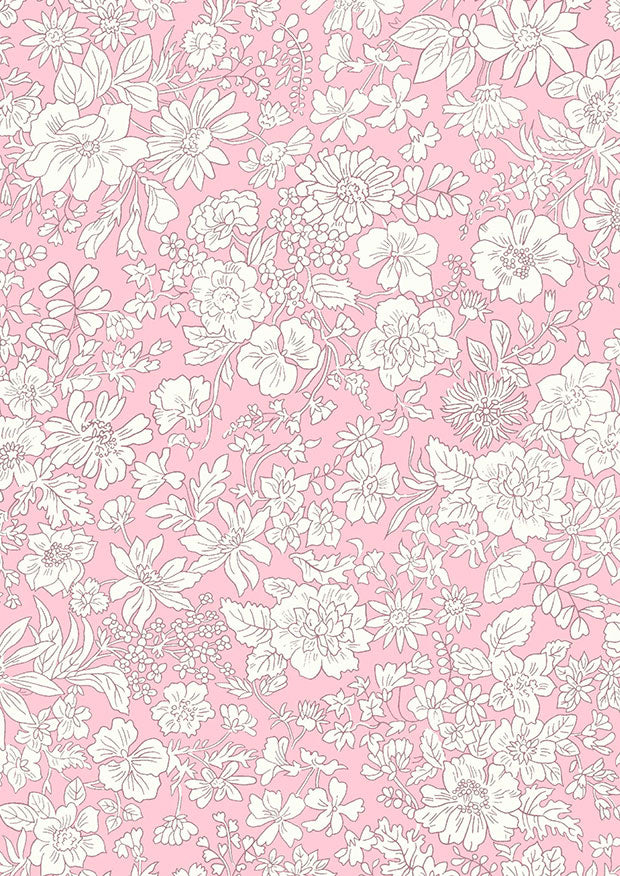 Vaaleanpunainen Liberty Emily Belle Candy Floss -puuvillakangas, jossa valkoisia kukka-aiheisia ääriviivapiirroksia.