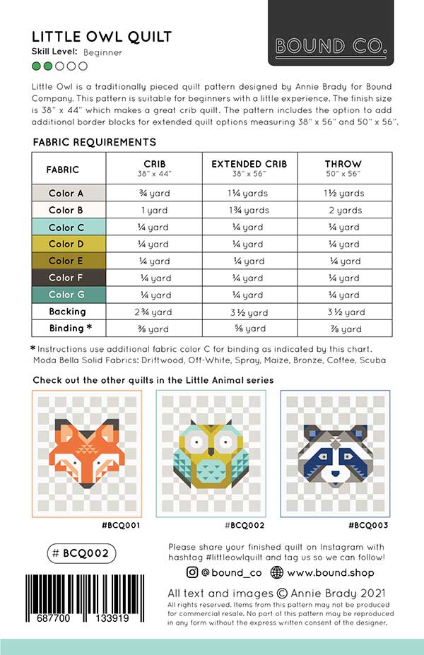 Little Owl Quilt Pattern Annie Brady BC-Q002 Pikkupöllö tilkkutyöohje