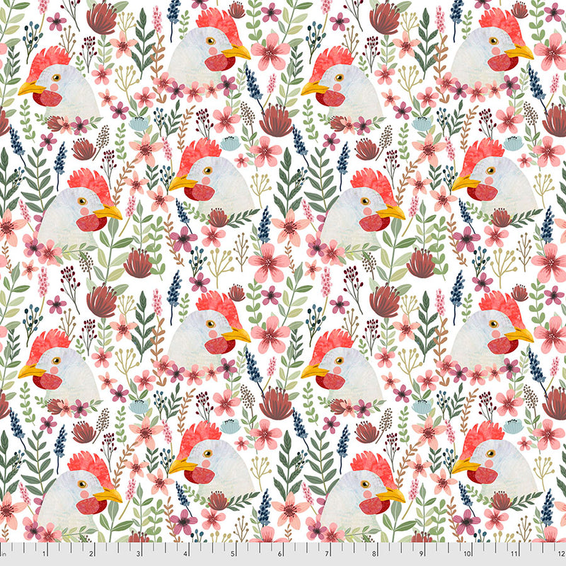 Valkoisella pohjalla kanakuvioinen Mia Charro Farm Friends Floral Chicken -puuvillakangas, jossa kukkia ja lehtiä.