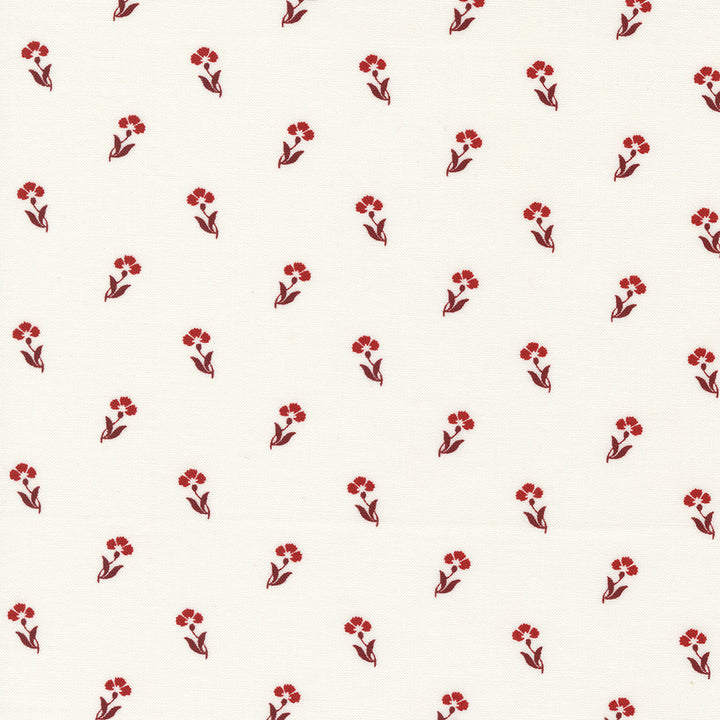 Primitive Gatherings Red and White Gatherings 49193-12 Vanilla Carnation -puuvillakangas, syvänpunainen kukkakuosi vaalealla pohjalla, 100% puuvillaa, leveys ~110 cm