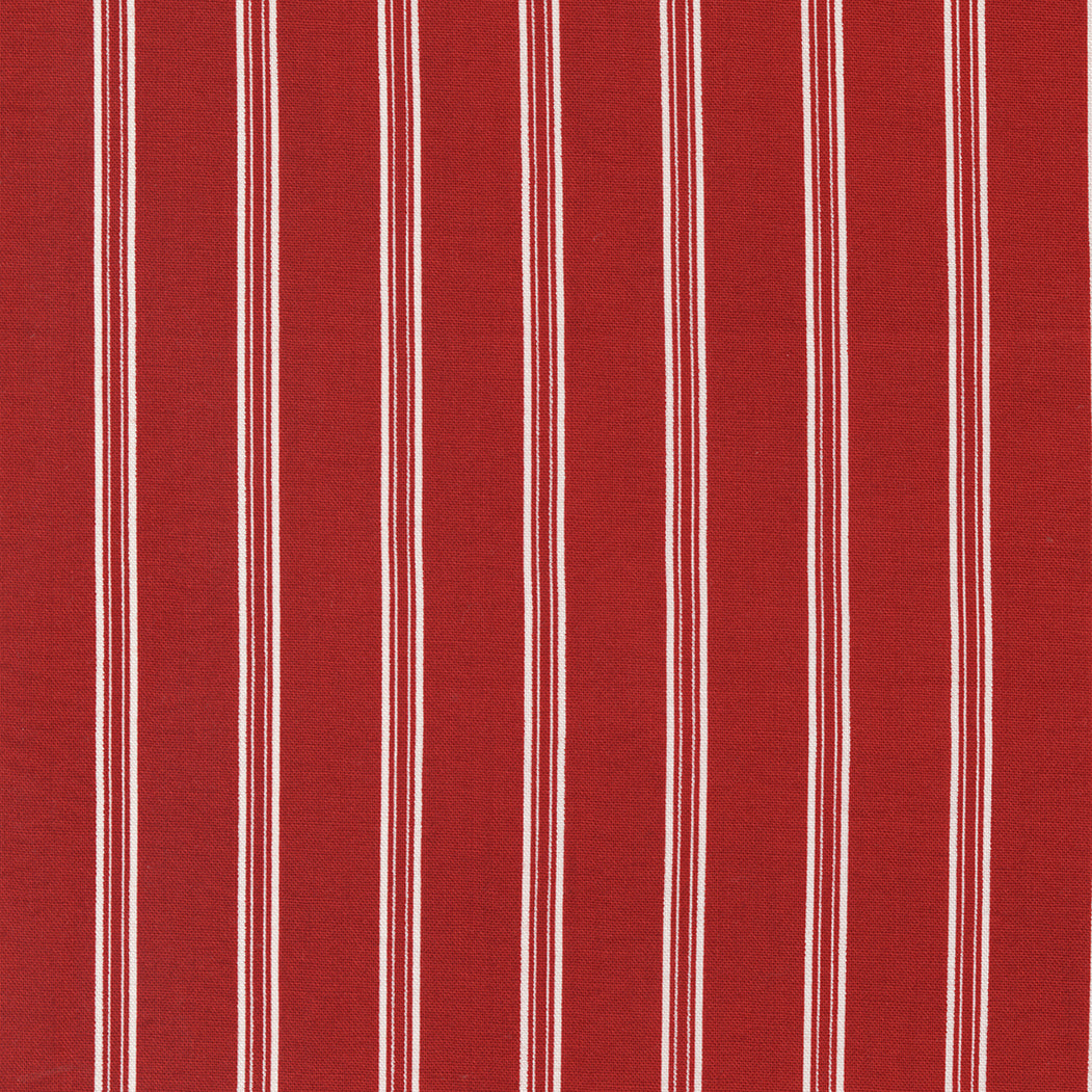 Primitive Gatherings Red and White Gatherings 49194-13 Crimson Double Stripe, syvänpunaisella taustalla raidallinen puuvillakangas.