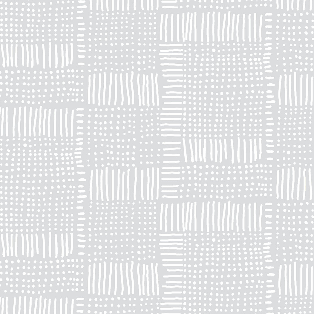 Moda-kankaiden Whispers-kokoelman Dash Dot Zen Grey -kuvioinen 100% puuvillakangas, suunnittelija Studio M, sopii tilkkutöihin ja käsitöihin.