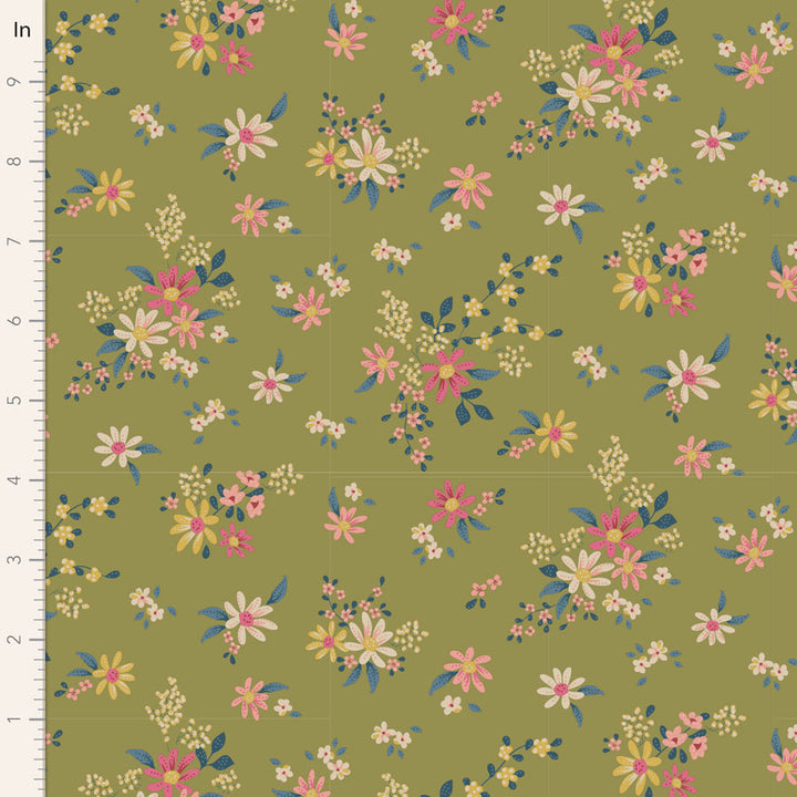 Tilda Chic Escape Daisyfield Green 110049 puuvillakangas, vihreä pohja ja värikkäät kukkakuviot. Sopii tilkkutöihin ja käsitöihin.