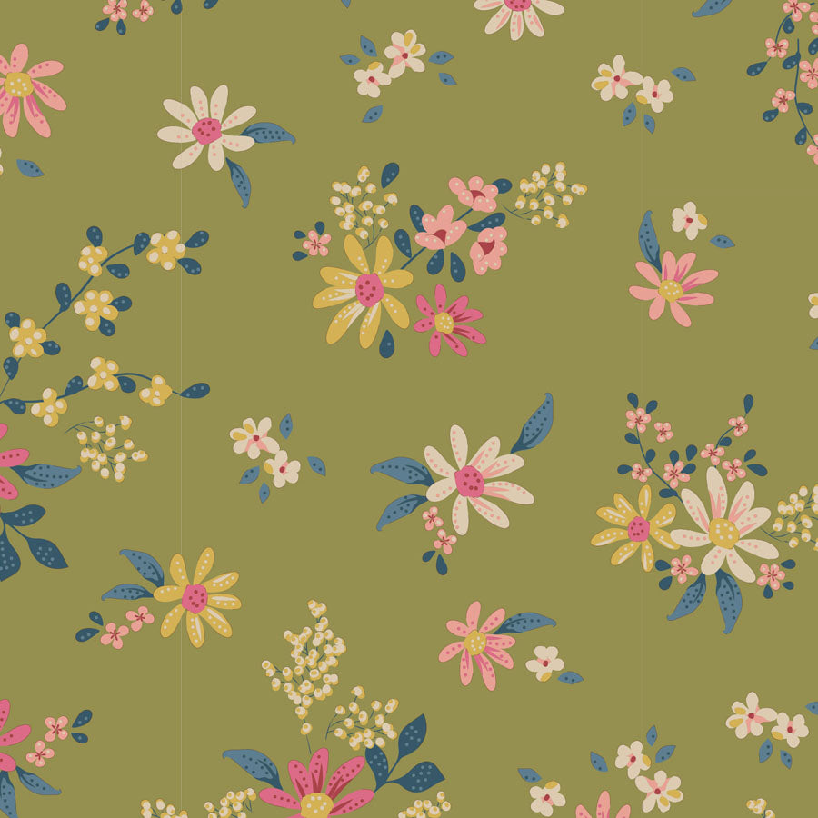 Tilda Chic Escape Daisyfield Green 110049 puuvillakangas, vihreä pohja ja värikkäät kukkakuviot. Sopii tilkkutöihin ja käsitöihin.