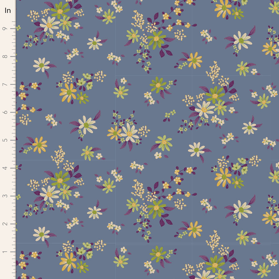 Tilda Chic Escape Daisyfield Blue 110051 puuvillakangas, sininen pohja ja värikkäät kukkakuviot. Sopii tilkkutöihin ja käsitöihin